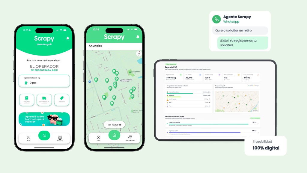 Plataforma Scrapy: app, mapa operativo, reporte ESG y agente de WhatsApp